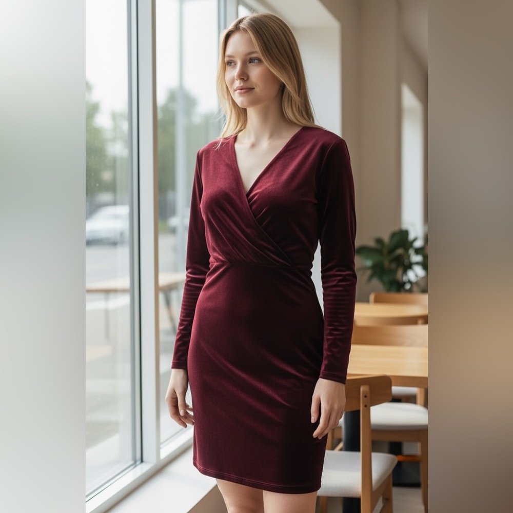 Gianni Bini Deep Red Velvet Long Sleeve Dress